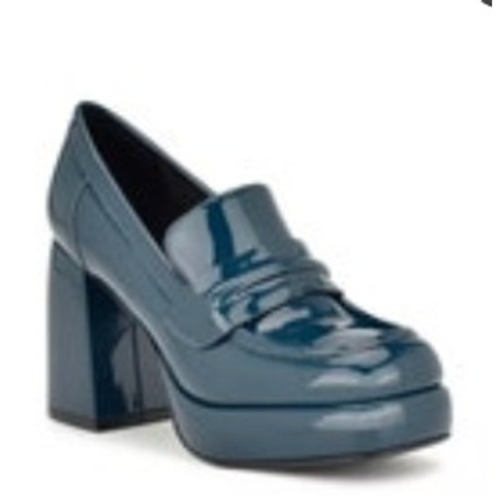 Nine West Verge Womens Teal Patent Square Toe Block Heel Platform Loafers 9.5